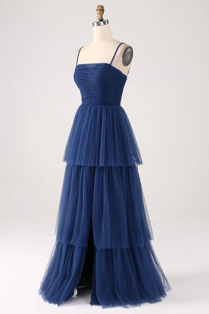 A Line Spaghetti Straps Navy Tiered Tulle Pleated Prom Dress With Slit