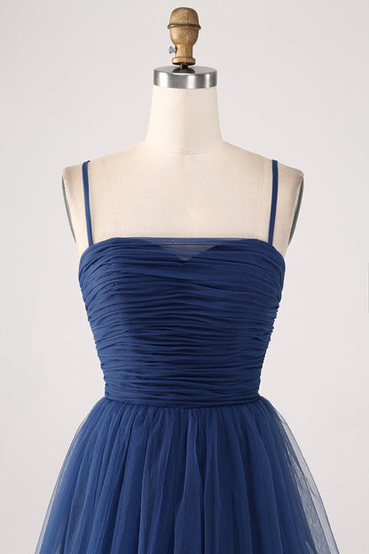 A Line Spaghetti Straps Navy Tiered Tulle Pleated Prom Dress With Slit