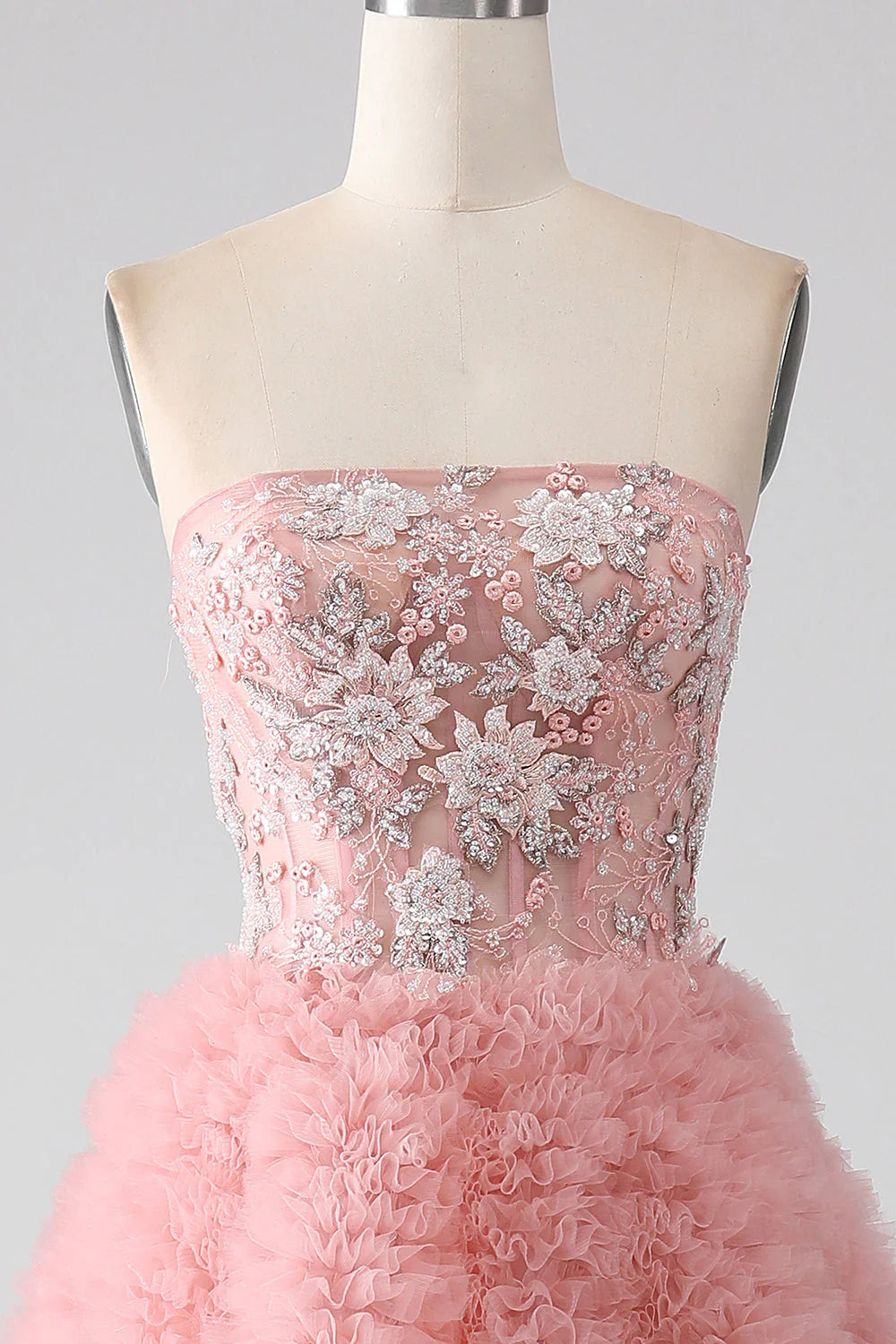 A-Line Strapless Beaded Tiered Long Prom Dress