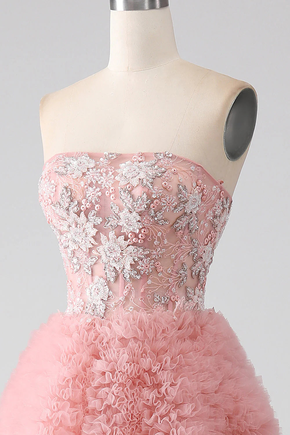 A-Line Strapless Beaded Tiered Long Prom Dress