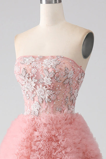 A-Line Strapless Beaded Tiered Long Prom Dress