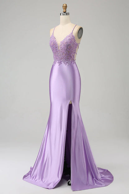 Stylish Mermaid Spaghetti Straps Long Prom Dress With Appliques Slit