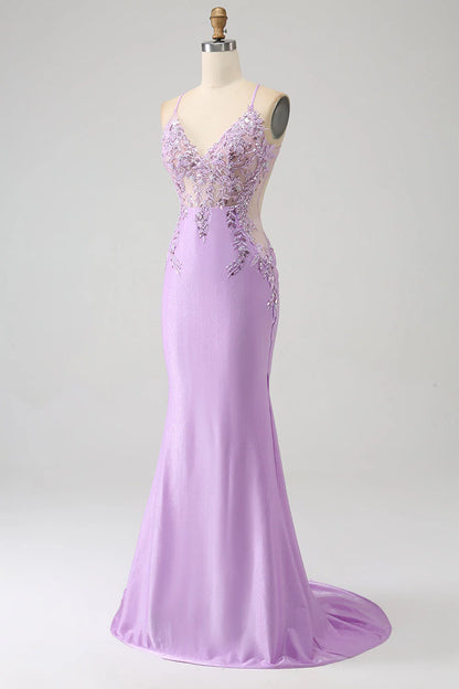Trendy Mermaid Spaghetti Straps Long Prom Dress With Appliques Beading