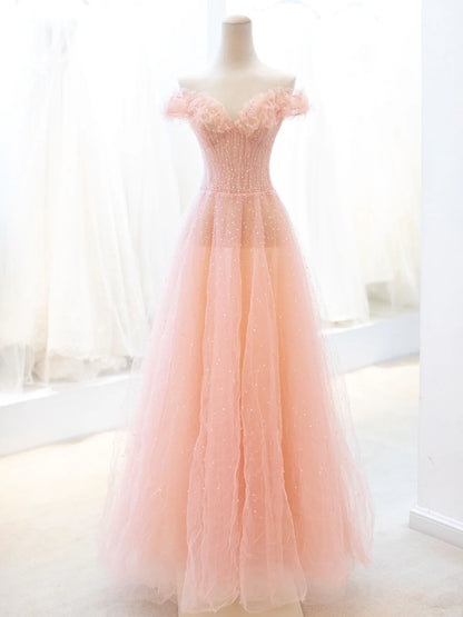 Pink A-Line Lovely Tulle Sequins Long Prom Dress