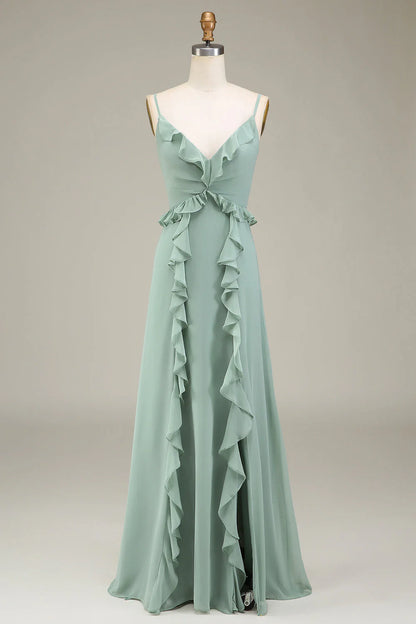 A-Line V-Neck Chiffon Bridesmaid Dress With Ruffles