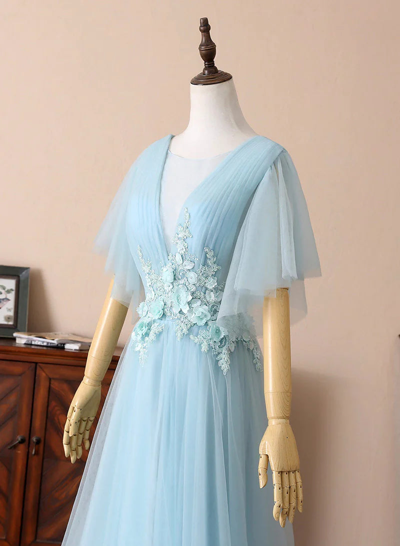 A-Line Blue V-Neck Lace Long Prom Dresses