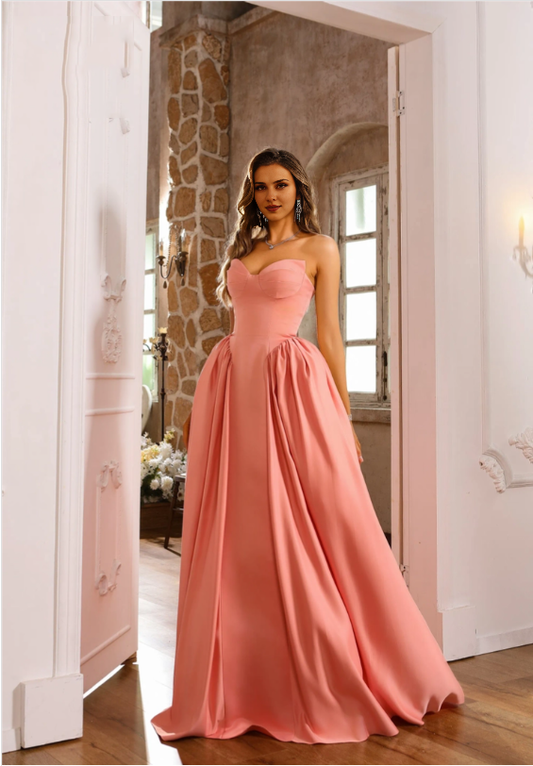 Xuewuba Dress A-line Sweetheart Strapless Floor Length Sleeveless Pleated Corset Satin Prom Dress