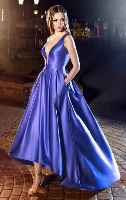 Xuewuba Dress A-Line High-Low V-Neck Sleeveless Satin Prom Dress Formal Wear Dresses