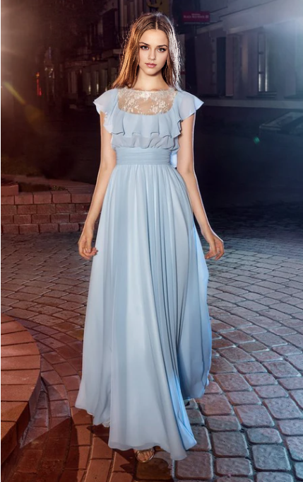 Xuewuba Dress A-Line Scoop-Neck Poet-Sleeve Chiffon Illusion Dress With Lace Draping Prom Dress Formal Wear Dresses