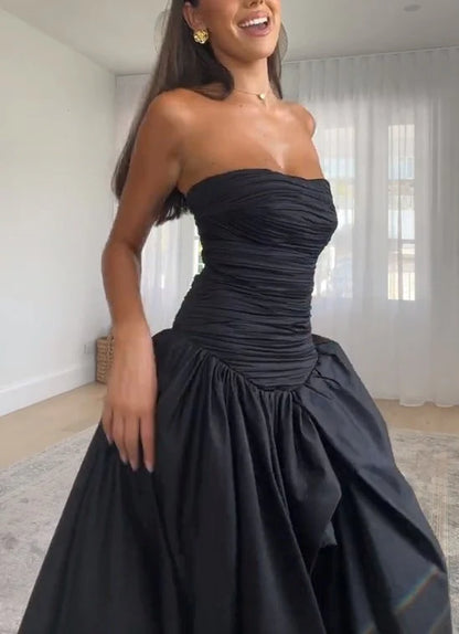 Xuewuba Dress A-line Black Bubble Hem Maxi Dress Strapless Sleeveless Pleated Prom Dress