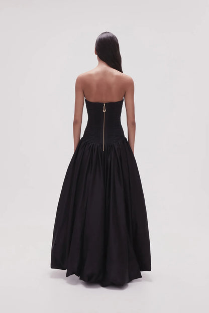 Xuewuba Dress A-line Black Bubble Hem Maxi Dress Strapless Sleeveless Pleated Prom Dress