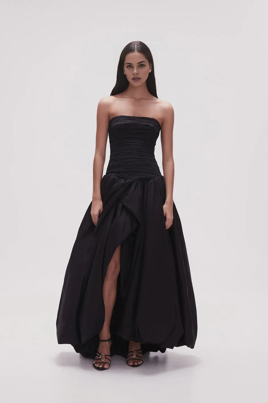 Xuewuba Dress A-line Black Bubble Hem Maxi Dress Strapless Sleeveless Pleated Prom Dress