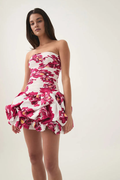 Xuewuba Dress A-line Bubble Hem Mini Dress Strapless Sleeveless Pleated Pink Floral Prom Dress
