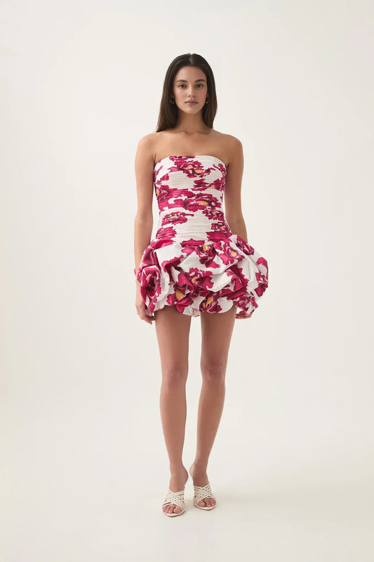 Xuewuba Dress A-line Bubble Hem Mini Dress Strapless Sleeveless Pleated Pink Floral Prom Dress