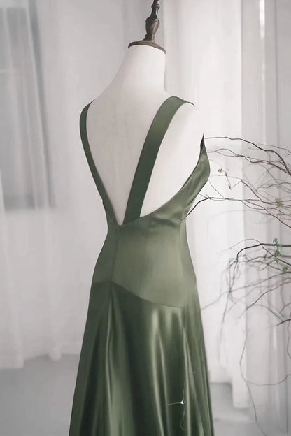Xuewuba Dress A-line Green Satin V-neckline Low Back Prom Dress Green Evening Dress Formal Wear Dresses