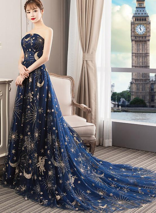 Xuewuba Dress A-line Navy Blue Tulle Mesh Long Off Shoulder Formal Dress New Style Party Dress Prom Dress