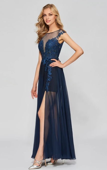 Xuewuba Dress A-line Sexy Split Front Bateau Chiffon Gown With Lace Appliques Deep V-back Prom Dress Formal Wear Dresses