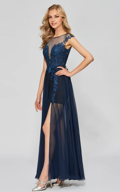 Xuewuba Dress A-line Sexy Split Front Bateau Chiffon Gown With Lace Appliques Deep V-back Prom Dress Formal Wear Dresses