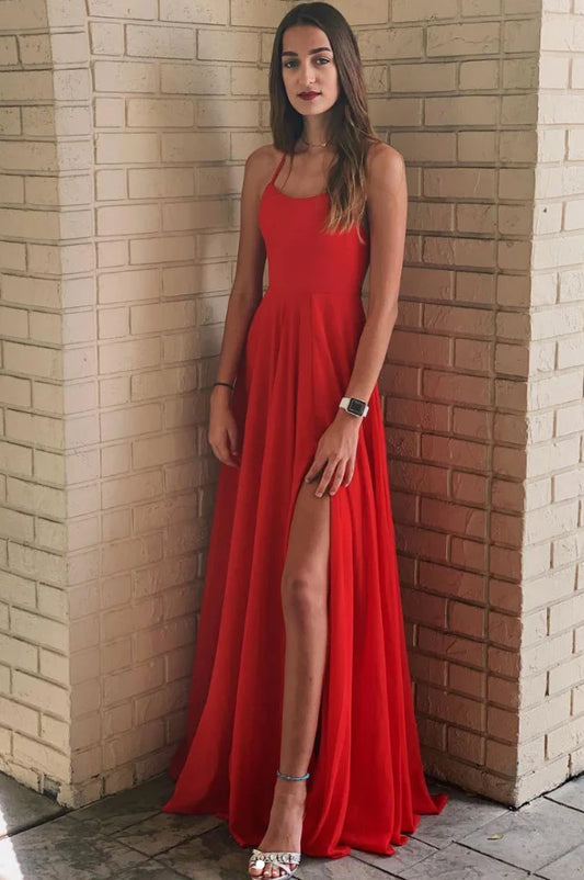 Xuewuba Dress A-line Simple Red Chiffon Long Prom Dress Red Evening Dress With Slit