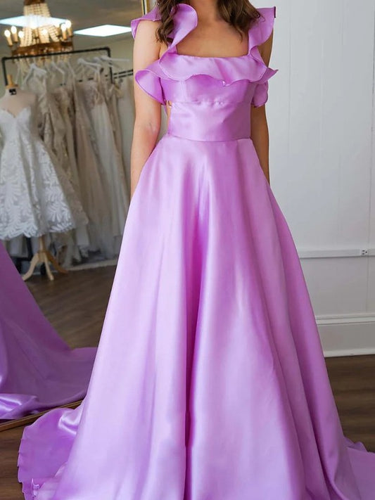 Xuewuba Dress A-line Square Neck Sleeveless Ruffles Sweep Train Dress Prom Dress
