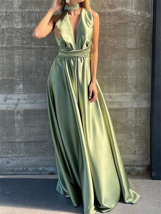 Xuewuba Dress A-line V-neck Ruffles Floor-Length Satin Backless Maxi Dress Prom Dress