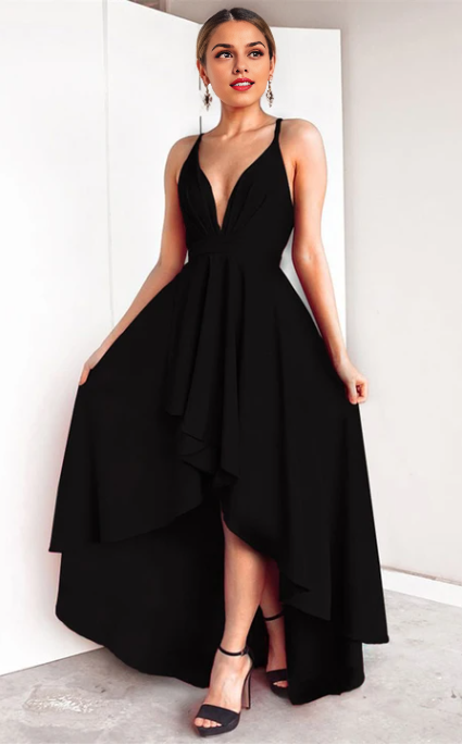 Xuewuba Dress Black High-Low Sexy A Line Plunging Neck Evening Dress Prom Dress Formal Wear Dresses