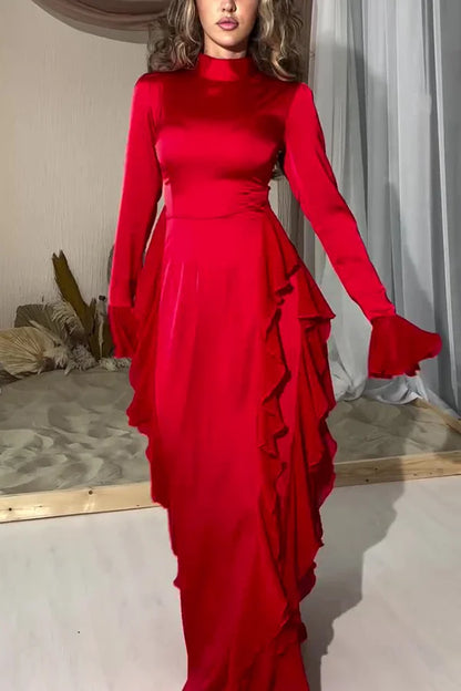 Xuewuba Dress Black Solid Color High Neck Long Sleeve Elegant Ruffles Floor Length Prom Dress