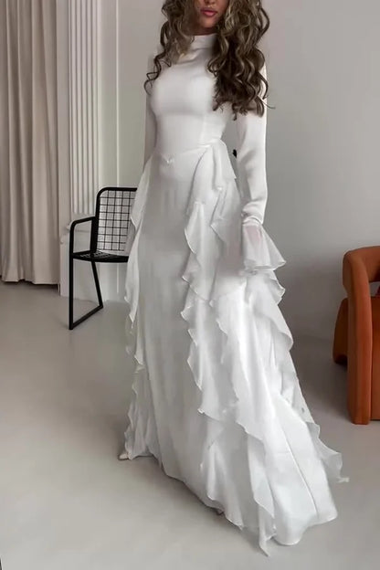 Xuewuba Dress Black Solid Color High Neck Long Sleeve Elegant Ruffles Floor Length Prom Dress