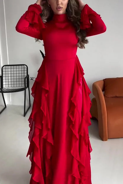 Xuewuba Dress Black Solid Color High Neck Long Sleeve Elegant Ruffles Floor Length Prom Dress