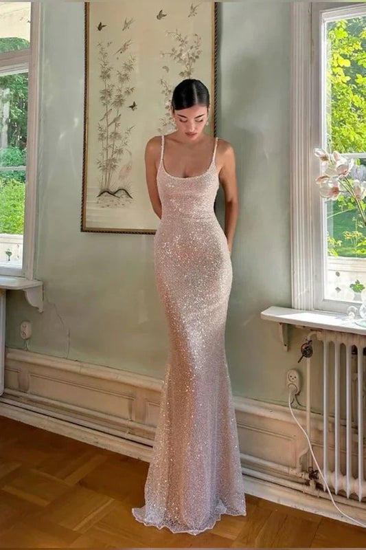 Xuewuba Dress Bling Sheath Spaghetti Straps Sequins Prom Dress Square Neck With Slit Evening Dress