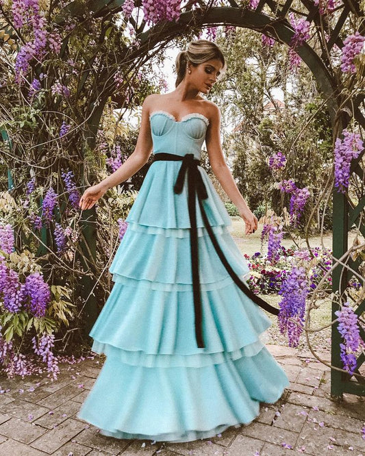 Xuewuba Dress Blue Fashion Tube Top Elegant Long Floor-length Layered Tulle Ball Gown Evening Dress Prom Dress