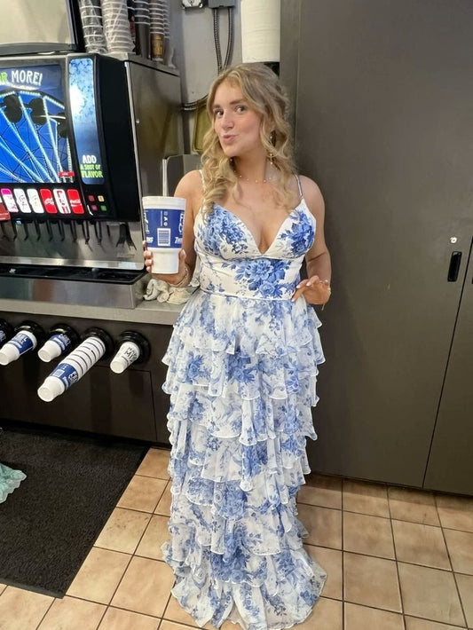Xuewuba Dress Blue Floral Print V Neck A-Line Spaghetti Straps Ruffles Tiered Slits Long Graduation Dress Evening Gown Prom Dress Wedding Guest Party Dress