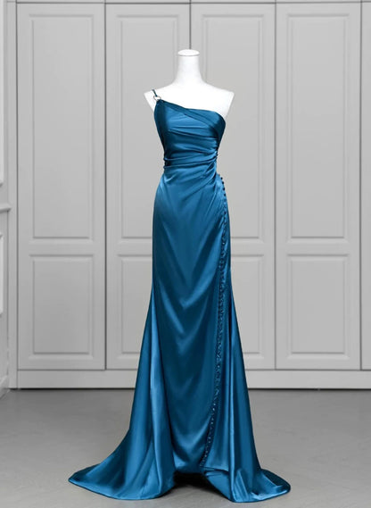 Xuewuba Dress Blue Satin One Shoulder Long Party Dress with Leg Slit Blue Satin Evening Dress Prom Dress Formal Wear Dresses
