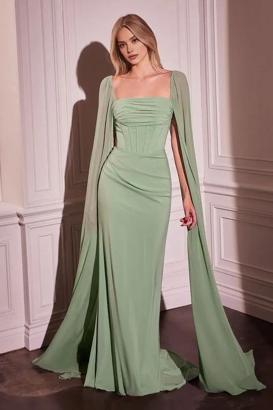 Xuewuba Dress Cape Flutter Sleeve Square Sheath/Column Prom Dress Sweep/Brush Train Elegant Evening Dress