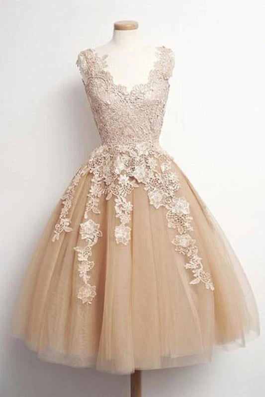 Xuewuba Dress Champagne Tulle Lace Short Prom Dress Cute Homecoming Dress With Applique
