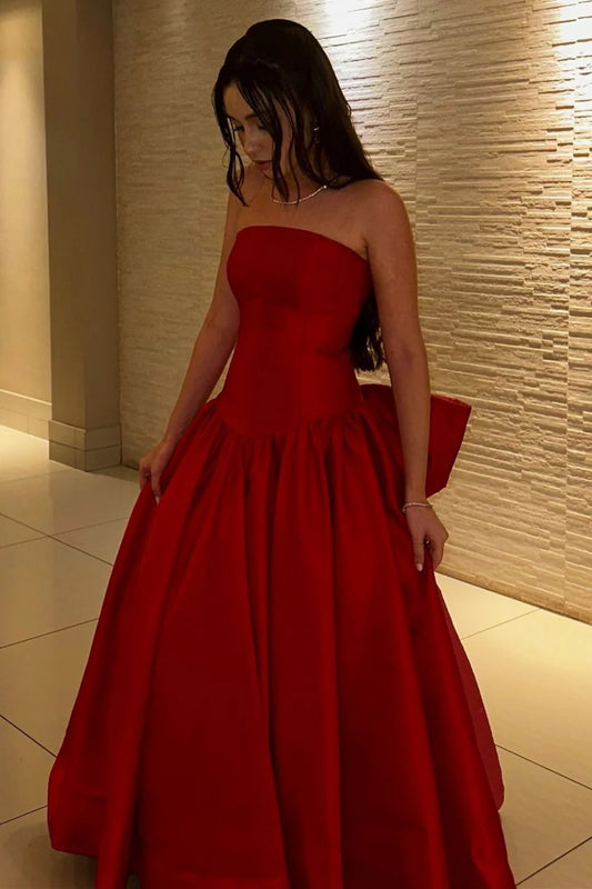 Xuewuba Dress Charming A Line Strapless Red Long Prom Dress with Bowknot Evening Dress