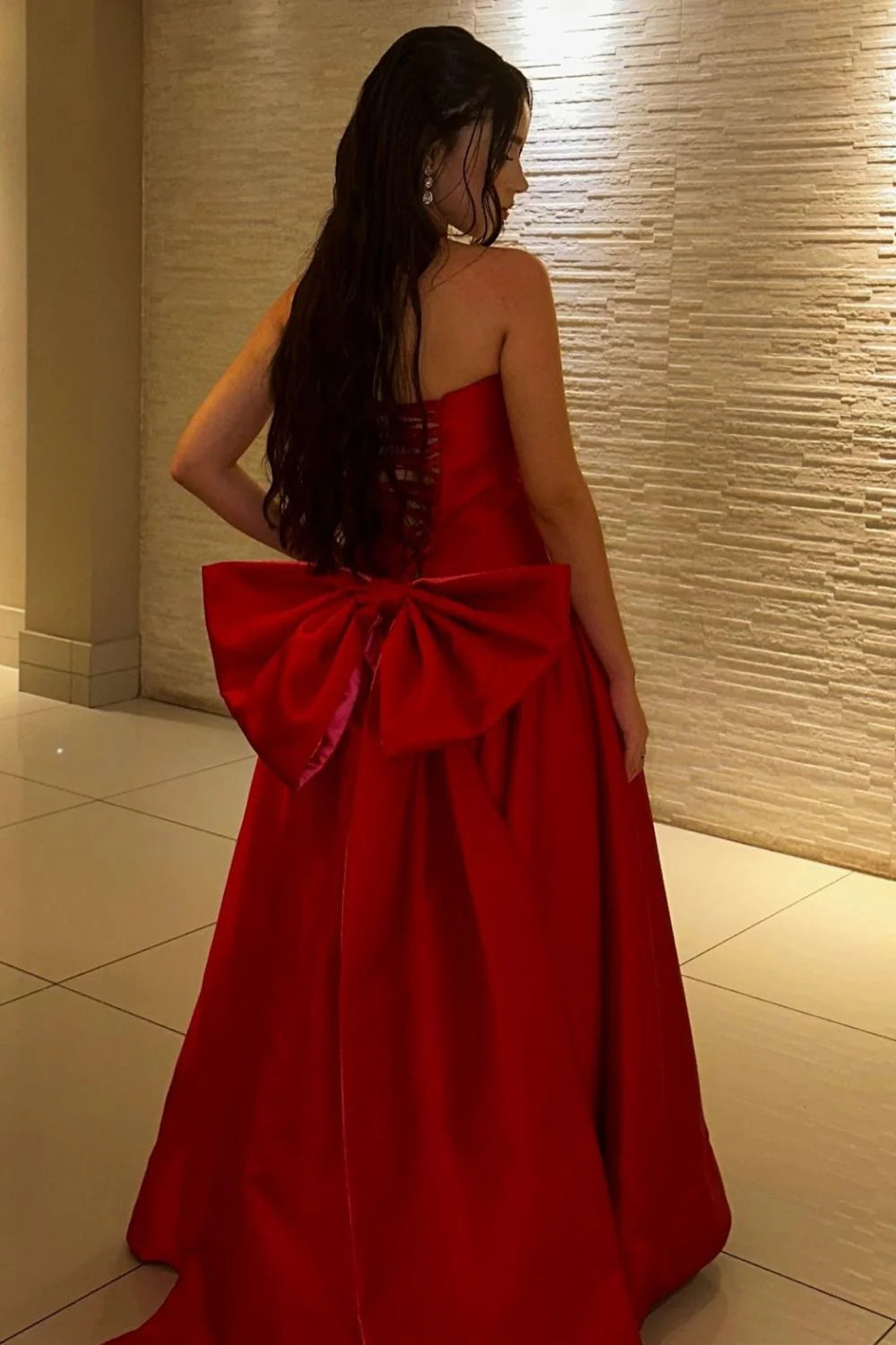 Xuewuba Dress Charming A Line Strapless Red Long Prom Dress with Bowknot Evening Dress