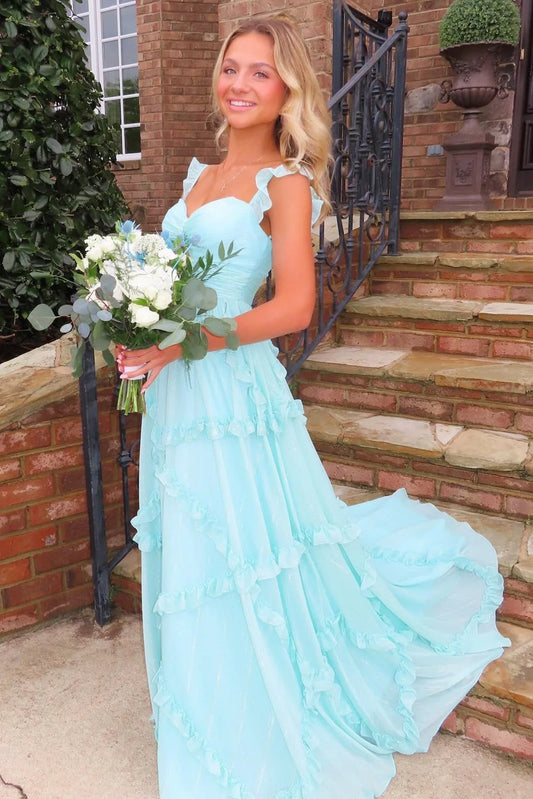 Xuewuba Dress Charming A Line Sweetheart Blue Long Prom Dress with Ruffles Evening Dress