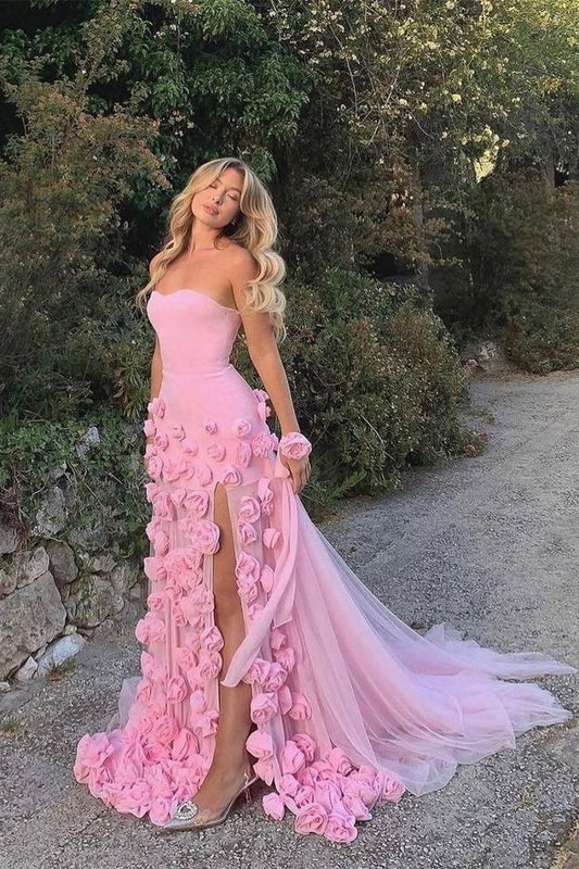 Xuewuba Dress Charming Pink Mermaid Strapless Long Tulle Prom Dress with 3D Flowers Evening Dress