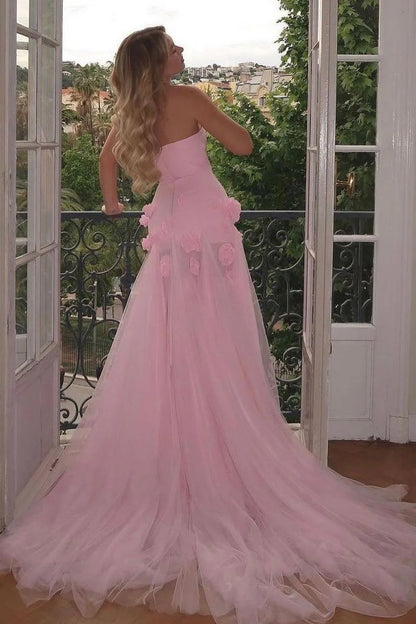 Xuewuba Dress Charming Pink Mermaid Strapless Long Tulle Prom Dress with 3D Flowers Evening Dress