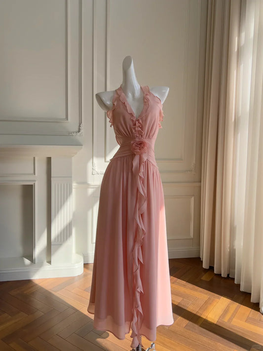 Xuewuba Dress Classic A Line Halter Flower Pink Chiffon Open Back Wedding Guest Dress Prom Dress