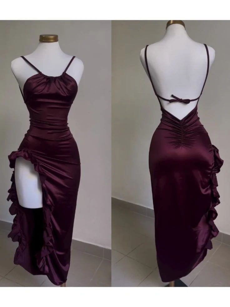 Xuewuba Dress Classy Sheath Halter Satin Burgundy Sleeveless High Low Prom Dresses
