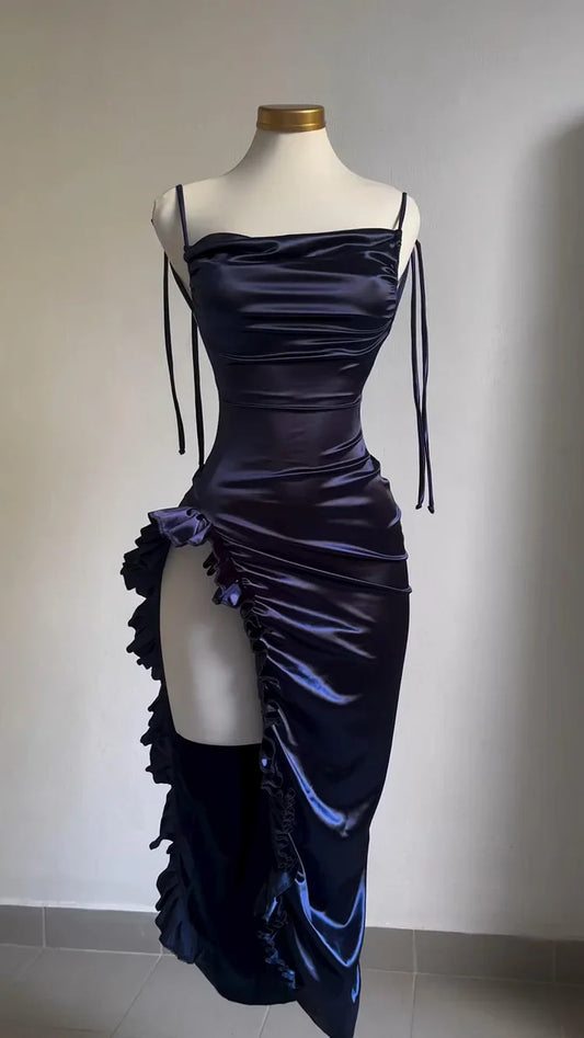 Xuewuba Dress Classy Sheath Halter Satin Navy Blue Sleeveless High Low Prom Dresses