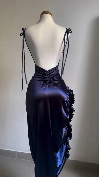 Xuewuba Dress Classy Sheath Halter Satin Navy Blue Sleeveless High Low Prom Dresses