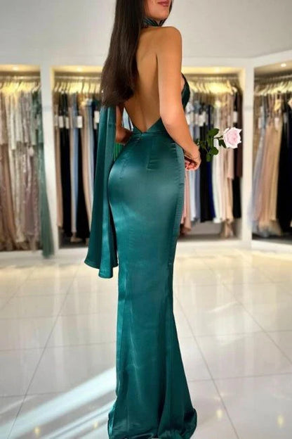 Xuewuba DressClassy Sheath High Neckline Satin Long Party Dress Green Prom Dresses