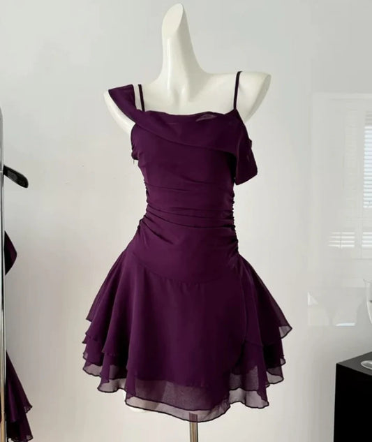 Xuewuba Dress Cute A Line Spaghetti Straps Grape Purple Chiffon Short Homecoming Dress Cocktail Dress