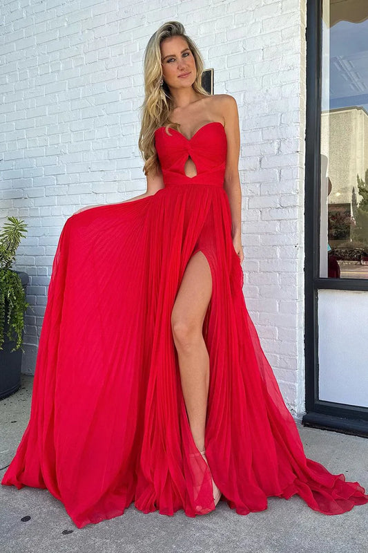 Xuewuba Dress Cute A Line Sweetheart Pleat Red Chiffon Long Prom Dress with Slit