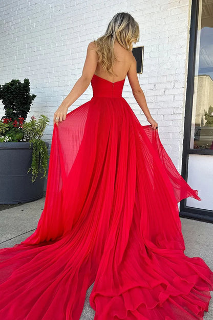 Xuewuba Dress Cute A Line Sweetheart Pleat Red Chiffon Long Prom Dress with Slit