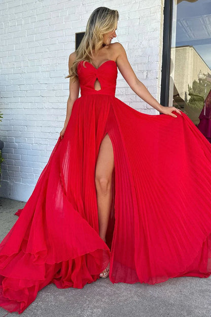 Xuewuba Dress Cute A Line Sweetheart Pleat Red Chiffon Long Prom Dress with Slit