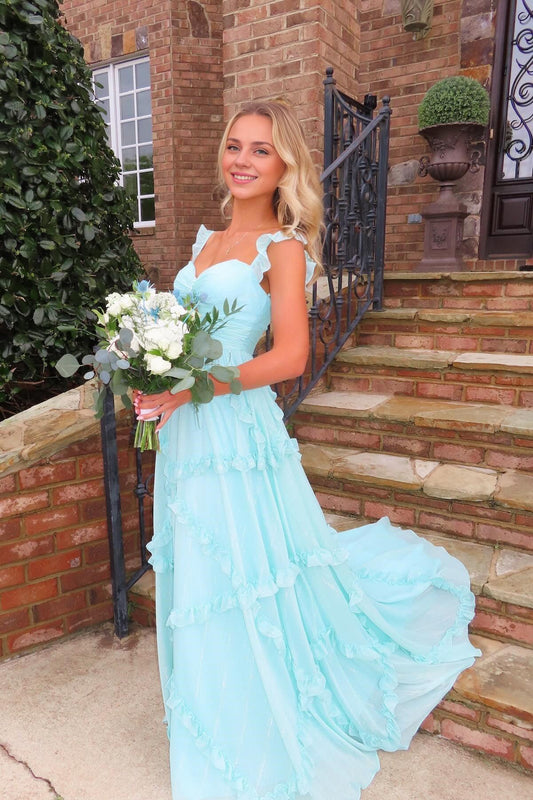 Xuewuba Dress Cute A Line Sweetheart Sky Blue Floor Length Ruffles Long Prom Dress